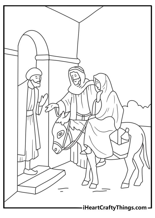 innkeeper speaks to mary and joseph in this simple bible coloring sheet