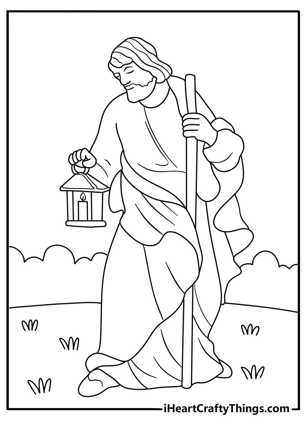 joseph carries a lantern while searching for shelter in this bible printable