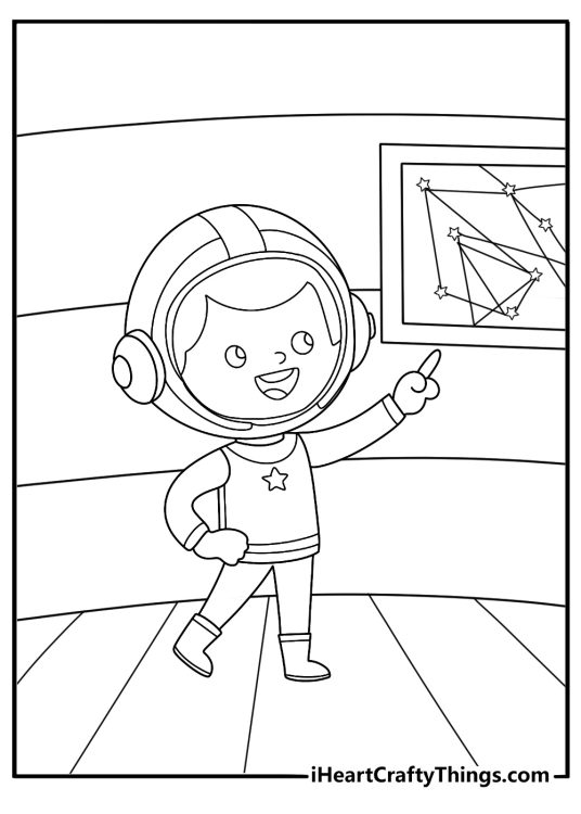 kawaii astronaut coloring sheet chibi explorer reading a star map by a moon crater for kids