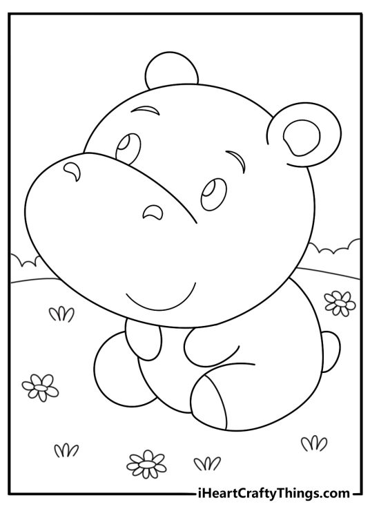 kawaii baby hippo printable cute calf sitting on grass with tiny flowers coloring page