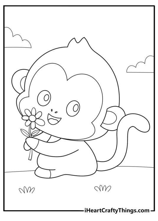 kawaii baby monkey holding a flower fun coloring sheet