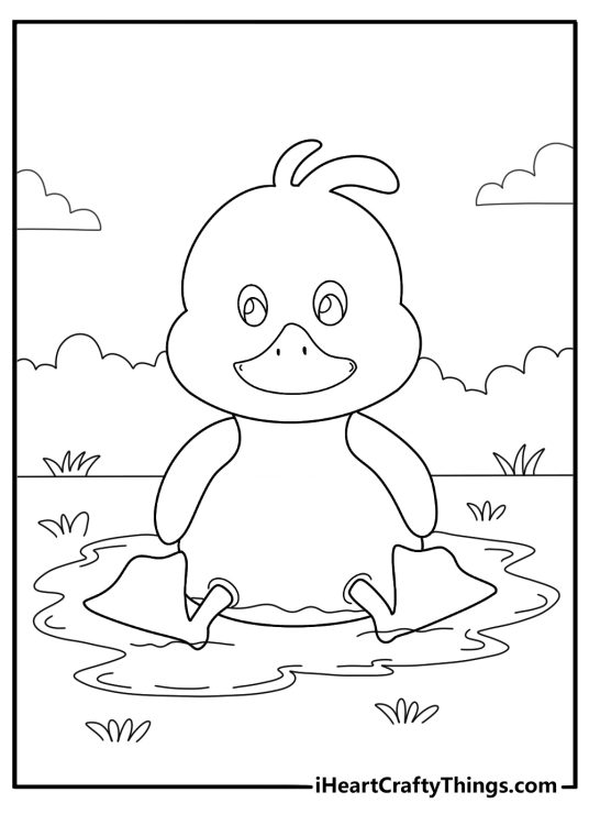 kawaii duck coloring printable chubby duckling sitting in a small puddle for kids pdf