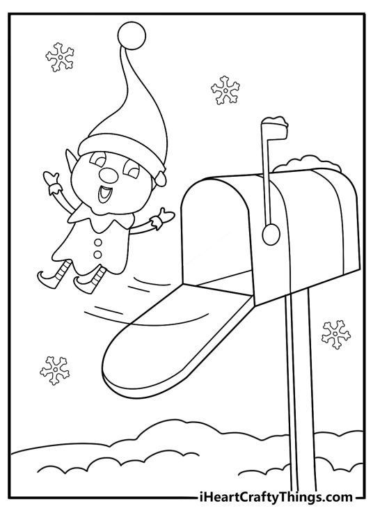 kawaii elf on the shelf coloring sheet with elf popping out of a snow covered mailbox