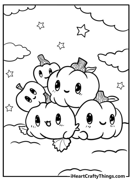 Fall coloring page of a pile of cartoony pumpkins with smiling faces surrounded by clouds and stars
