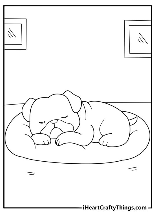 kawaii pug coloring sheet cute chibi pug sleeping in a round dog bed for kids to download