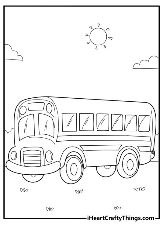 kawaii school bus with big round wheels fun coloring page