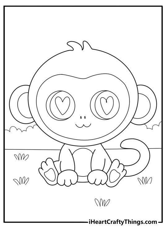 kawaii style monkey with heart shaped eyes coloring sheet