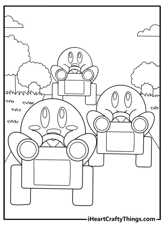 kirby in a race car cartoon style coloring page