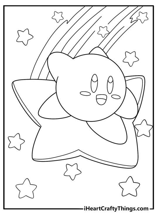 kirby riding on a warp star cartoon coloring page