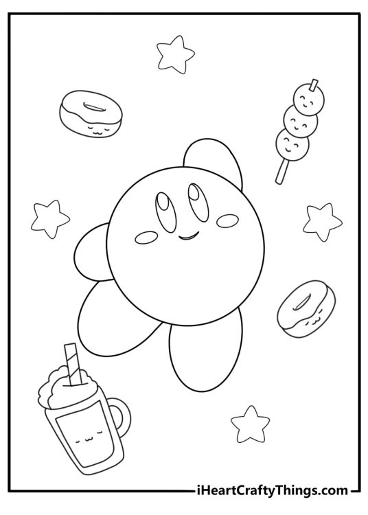 kirby surrounded by food items cute kawaii coloring sheet