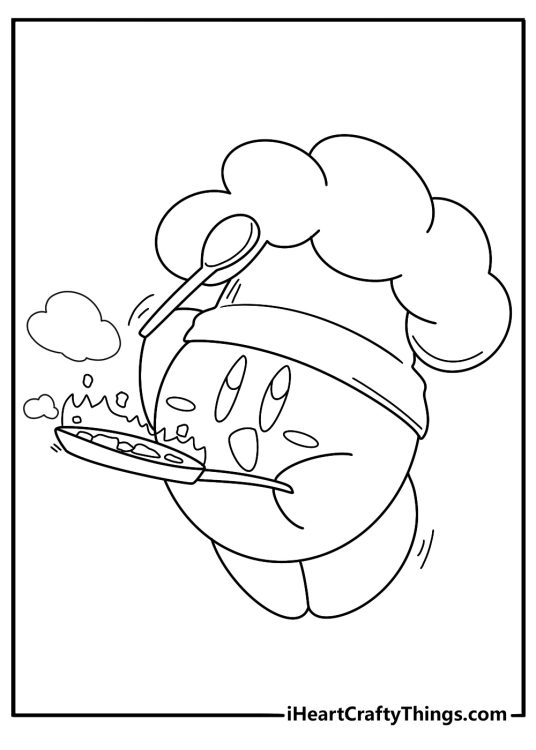 kirby wearing a chef hat cooking fun coloring sheet