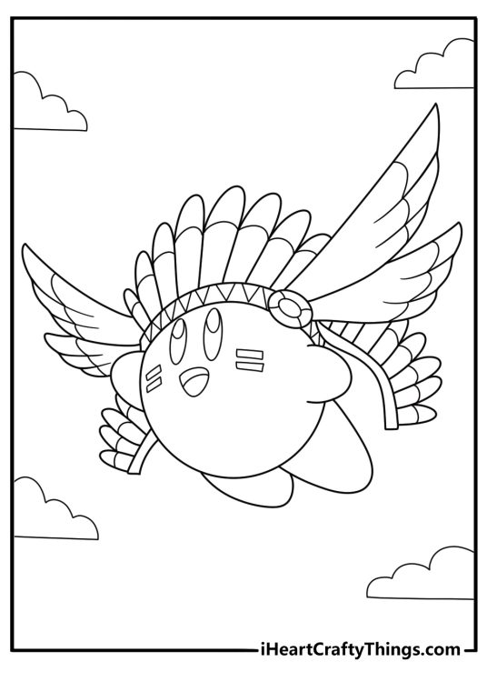kirby with wings flying detailed coloring sheet