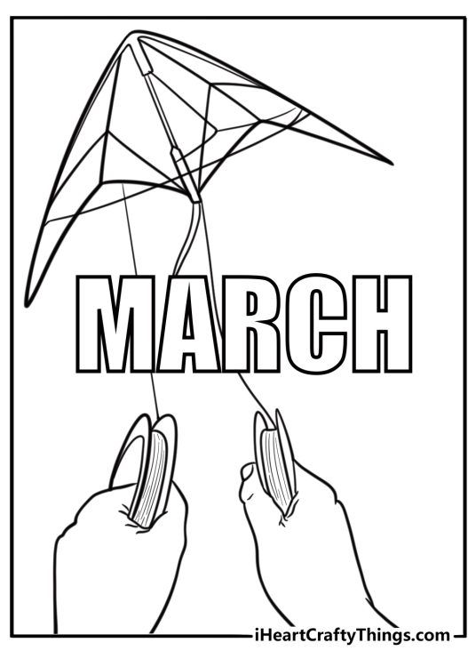 Kite flying in the windy March sky coloring page