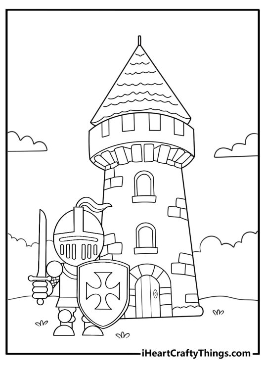 knight coloring page simple castle tower background