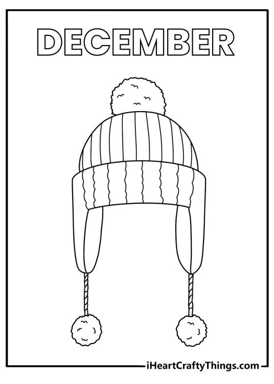 knitted winter hat with a fluffy pom pom makes this easy december printable