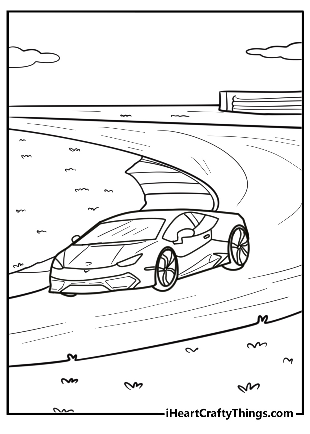 Lamborghini driving on a racetrack free printable coloring page