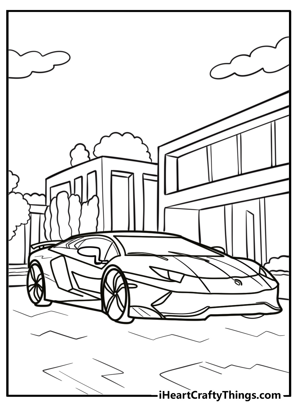 Lamborghini supercar parked in front of a house coloring page