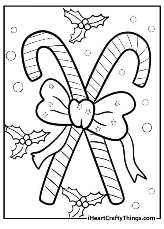 Detailed printable coloring poster featuring two large candy canes with Holiday decorations