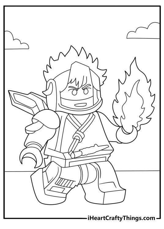 lego ninjago coloring page featuring kai using fire powers