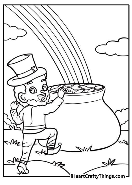 Leprechaun climbing out of a pot of gold detailed coloring sheet