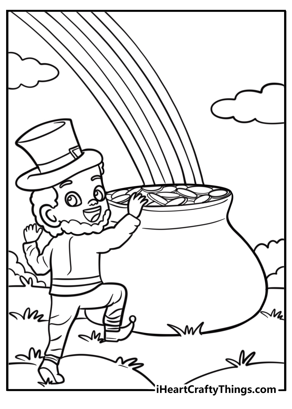 Leprechaun climbing out of a pot of gold detailed coloring sheet