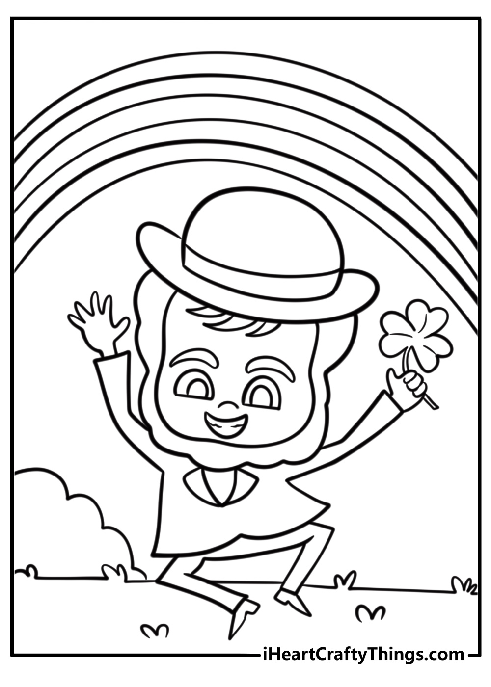 Leprechaun dancing by a rainbow free coloring page pdf