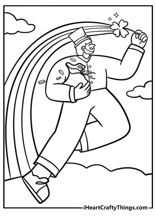 Leprechaun holding a bag of gold coins free coloring page pdf