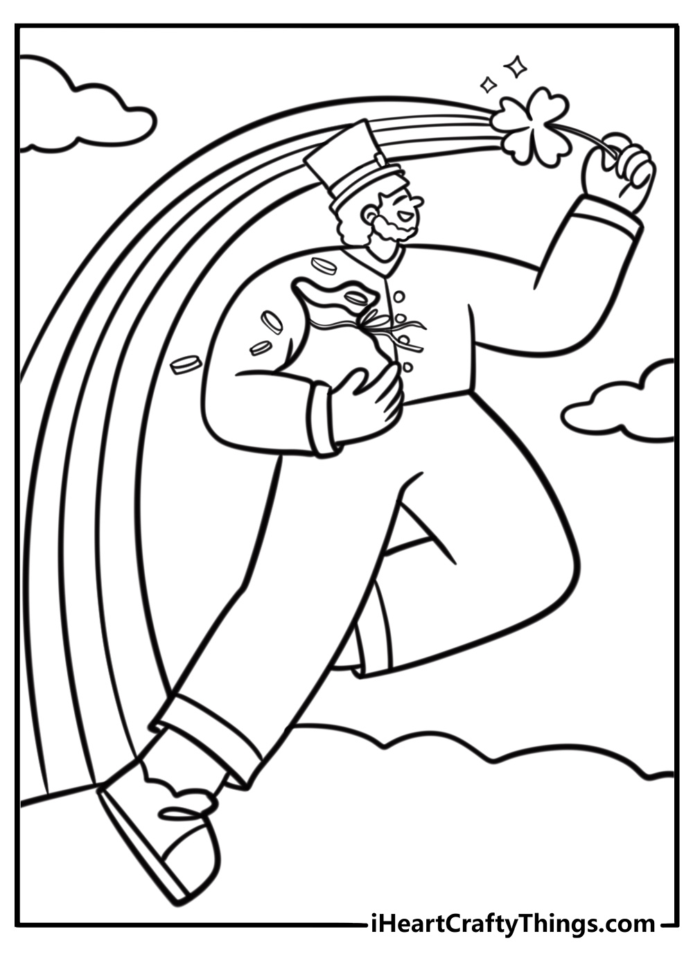 Leprechaun holding a bag of gold coins free coloring page pdf