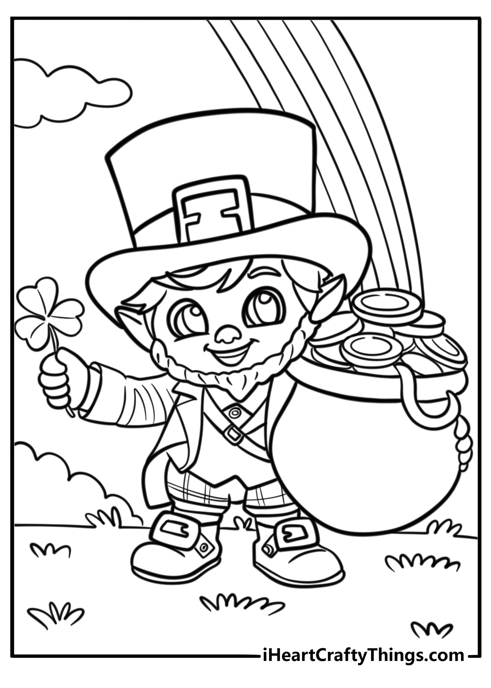 Leprechaun holding a pot of gold coloring page for kids