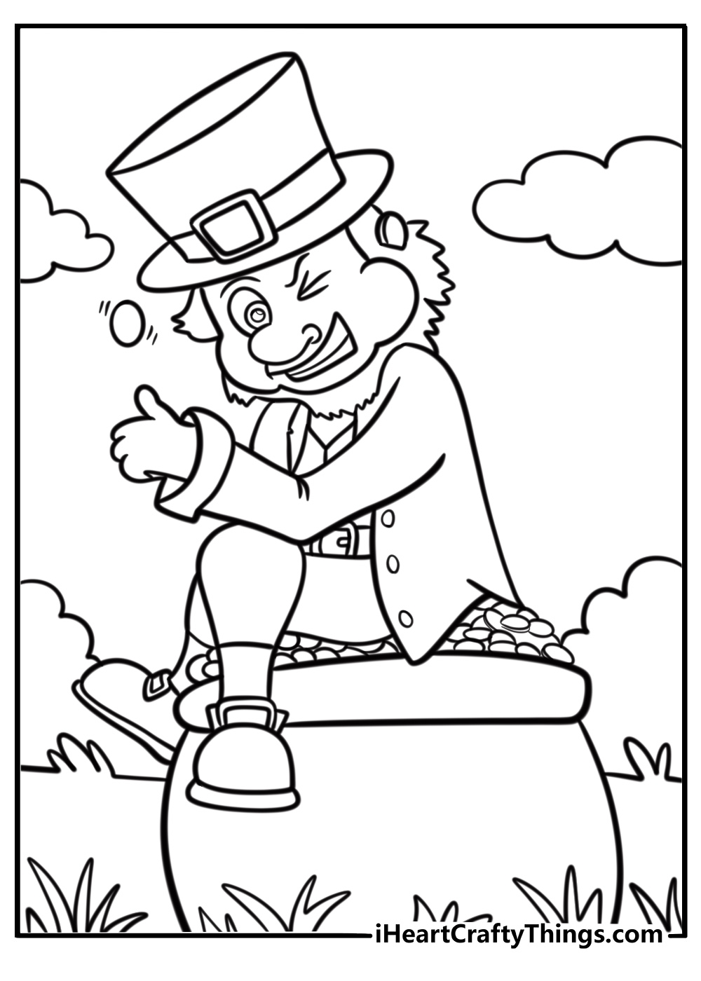 Leprechaun sitting on a pot of gold fun printable coloring sheet