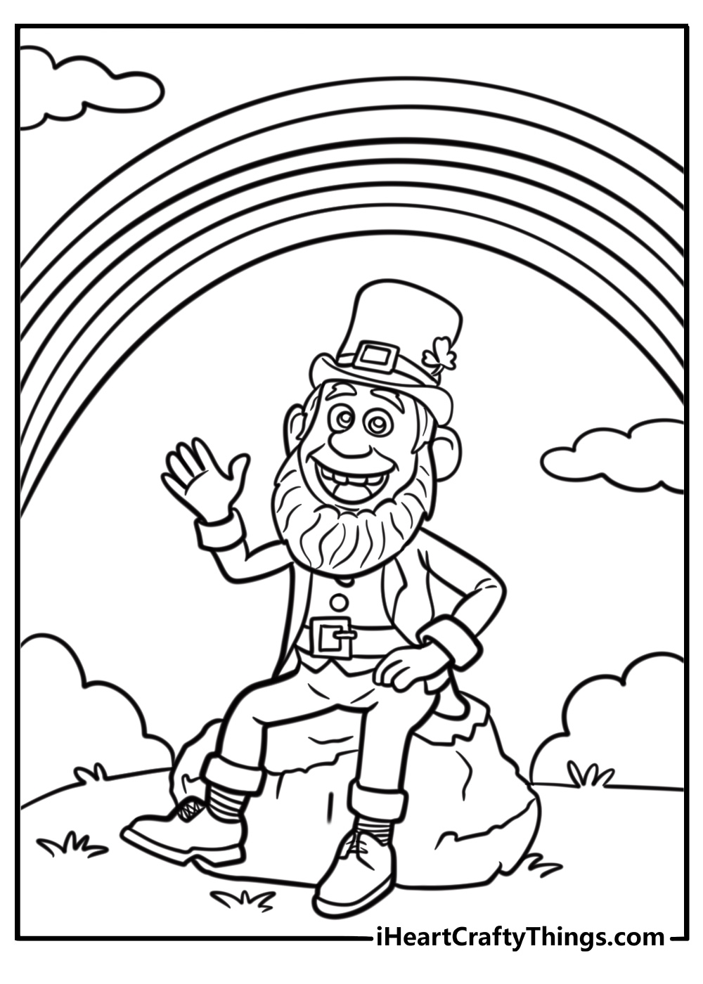 Leprechaun sitting under a rainbow with gold fun coloring sheet