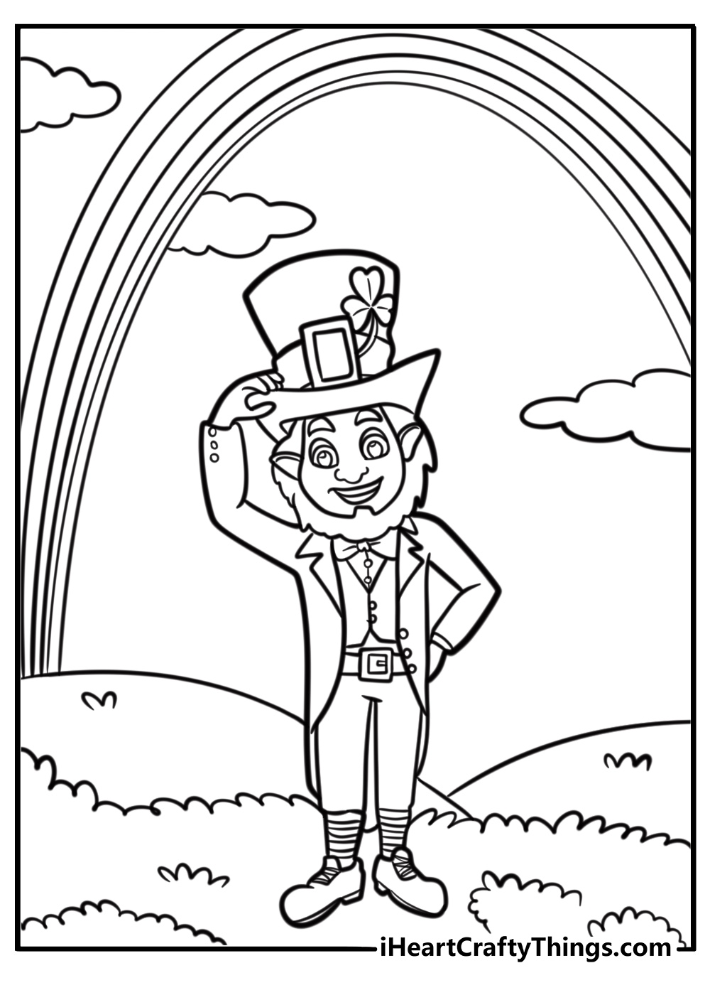 Leprechaun standing next to a rainbow free printable coloring page