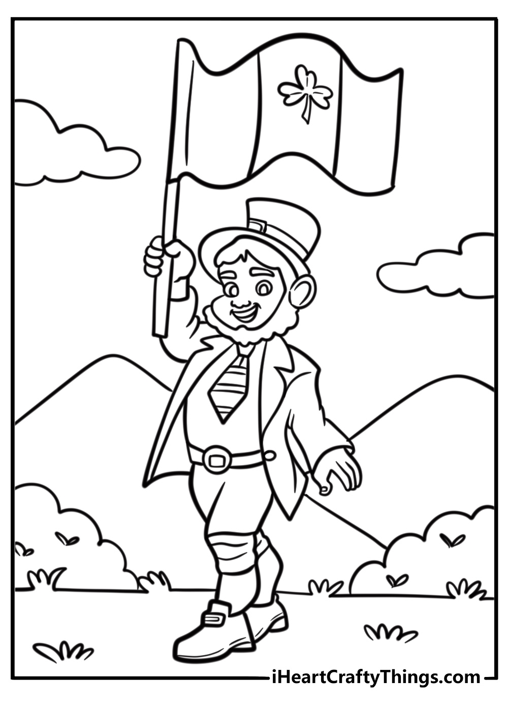 Leprechaun with a cheerful smile holding a rainbow flag coloring page