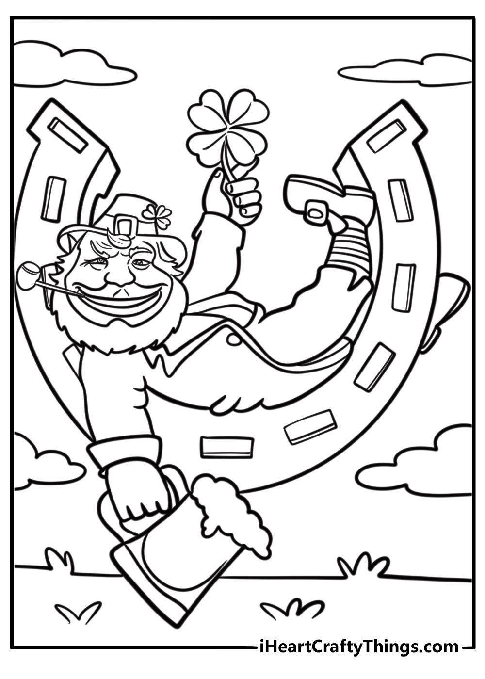 Leprechaun with a lucky horseshoe detailed coloring sheet