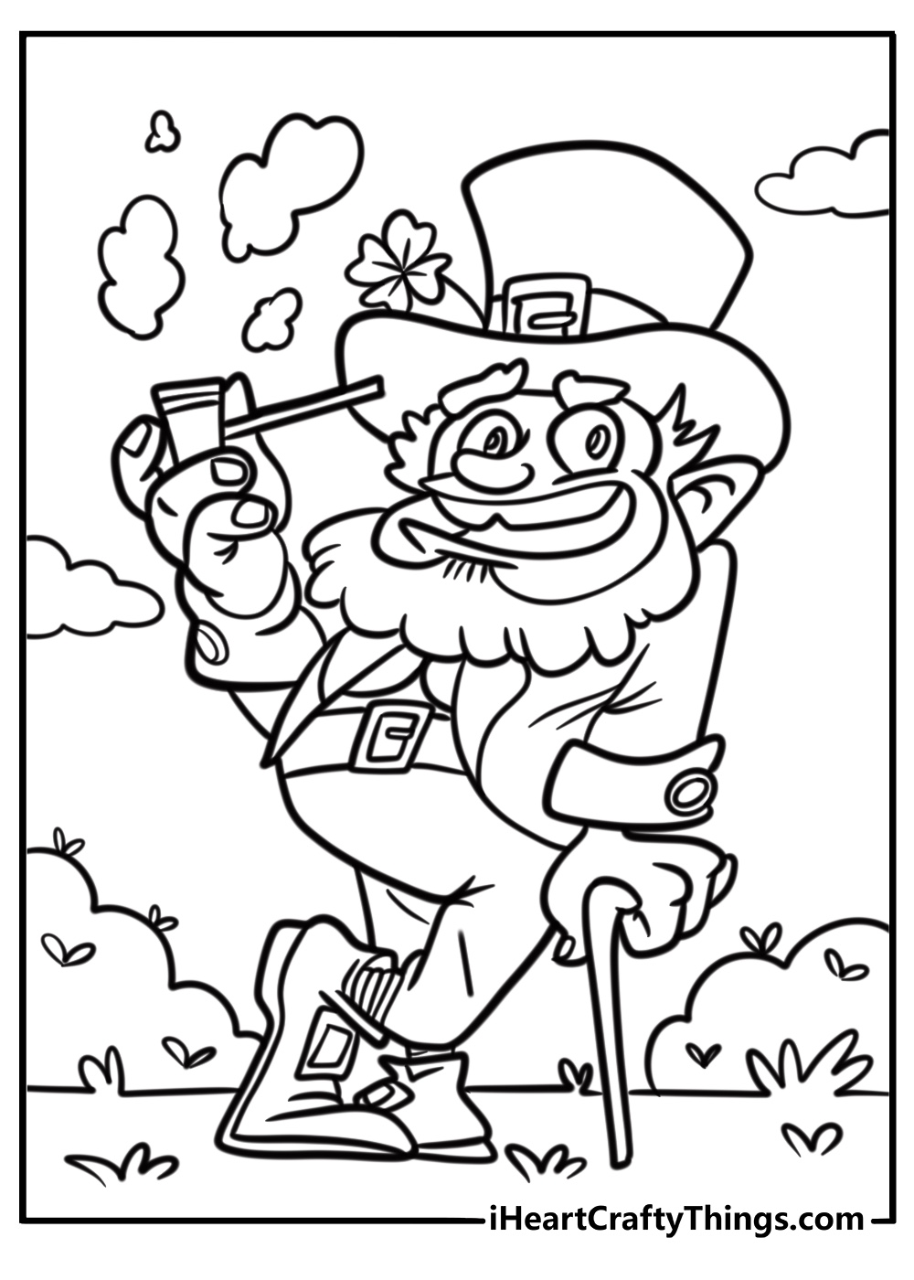 Leprechaun with a pipe and big beard coloring page for kids