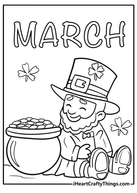 Leprechaun with a pot of gold printable March coloring sheet