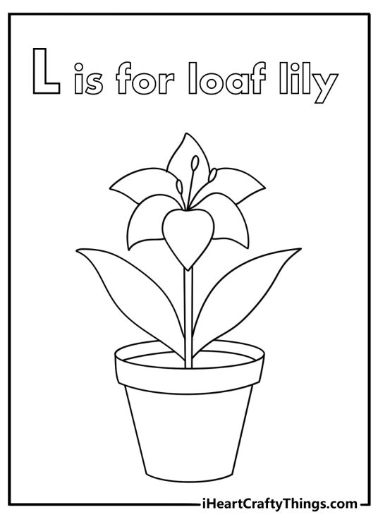 letter I coloring pages printable with a lily in a flower pot