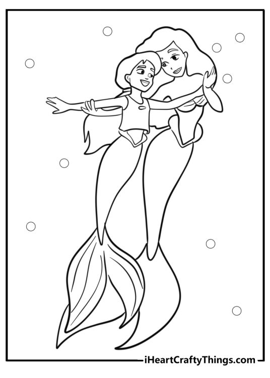 Coloring sheet featuring characters Ariel and Melody floating together underwater