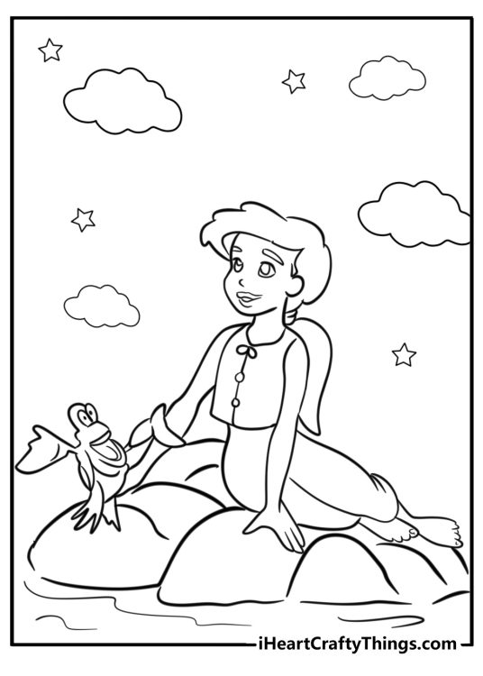 Coloring page featuring Ariel and crab Sebastian sitting on some stones surrounded by water