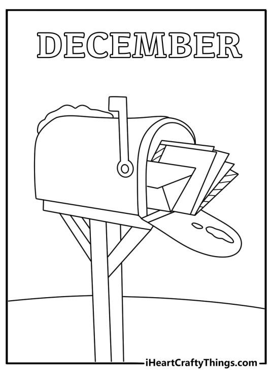 mailbox filled with holiday letters makes this simple december coloring page