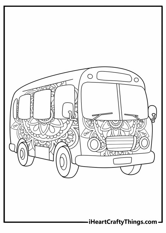 mandala style school bus illustration coloring page for adults