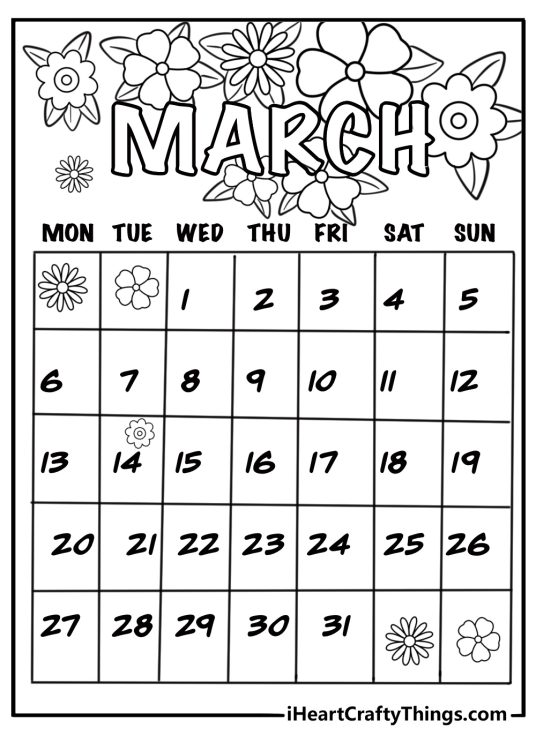 March calendar page with flowers coloring sheet for kids