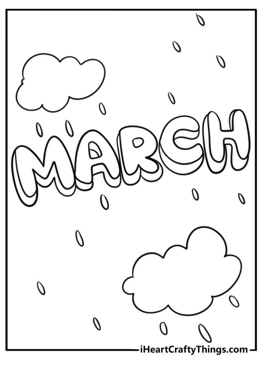 March word art with seasonal doodles coloring page