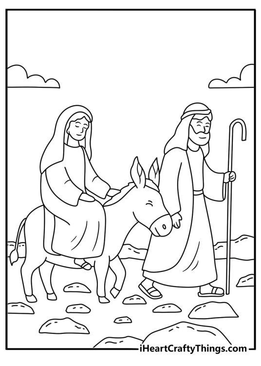 mary rides a donkey along a rocky road in this easy coloring sheet