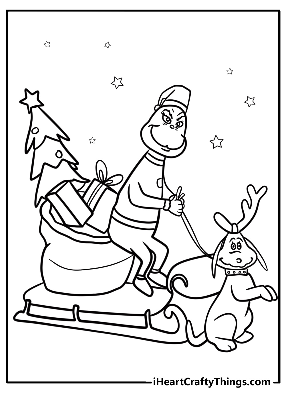 Max the dog pulling the grinch's sleigh fun coloring page for kids