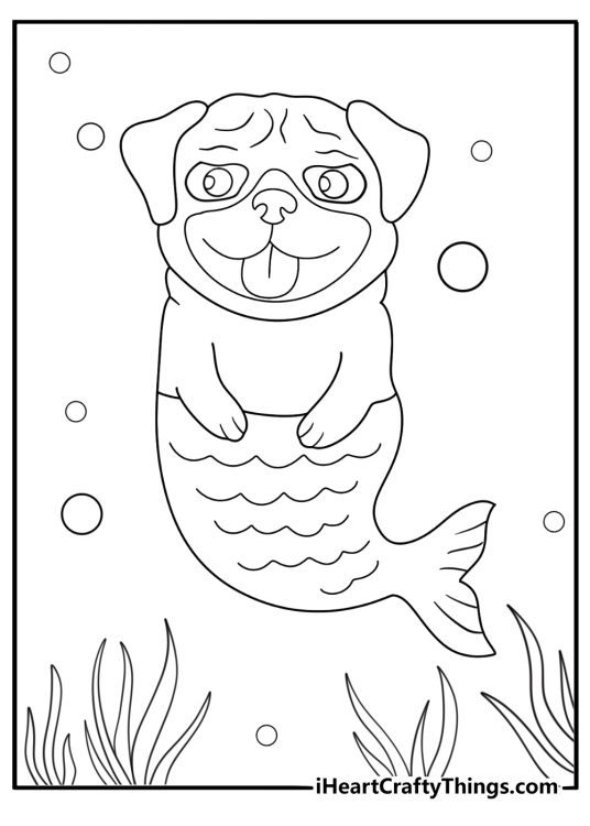 mermaid pug kawaii coloring page pug with fishtail under sea with bubbles cute printable