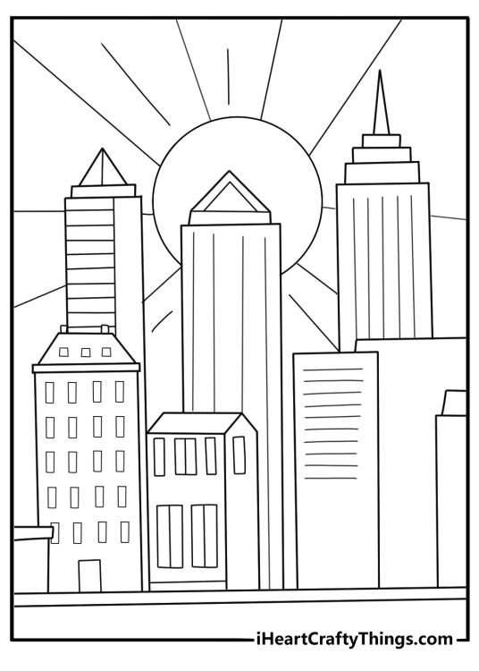 metropolis coloring page for kids sunrise behind a row of modern skyscrapers printable
