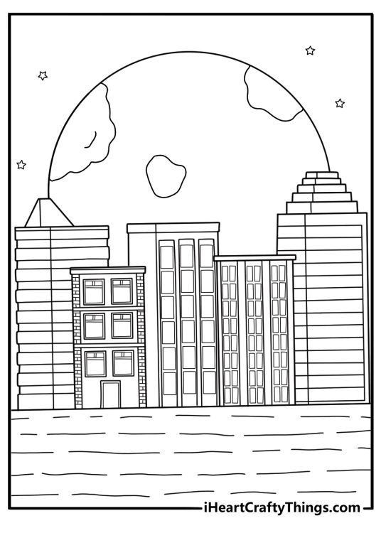 metropolis coloring page printable city skyline at night with a crescent moon and starry sky
