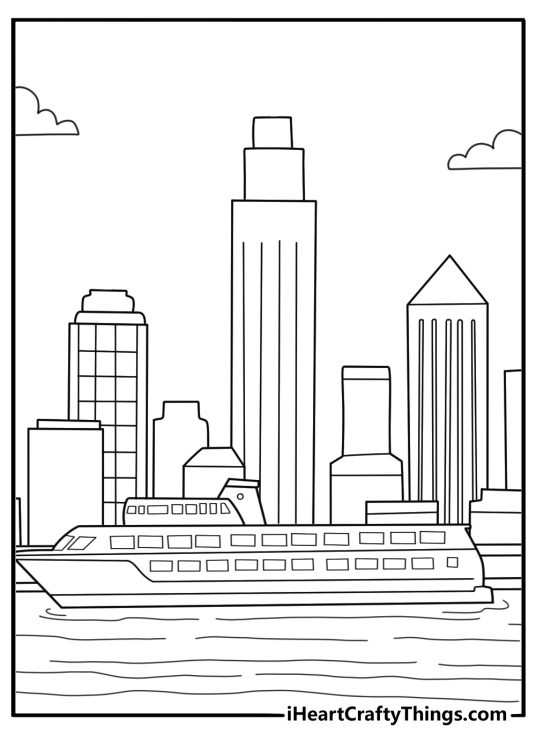 metropolis pdf coloring page waterfront harbor with docked ferry and city skyline