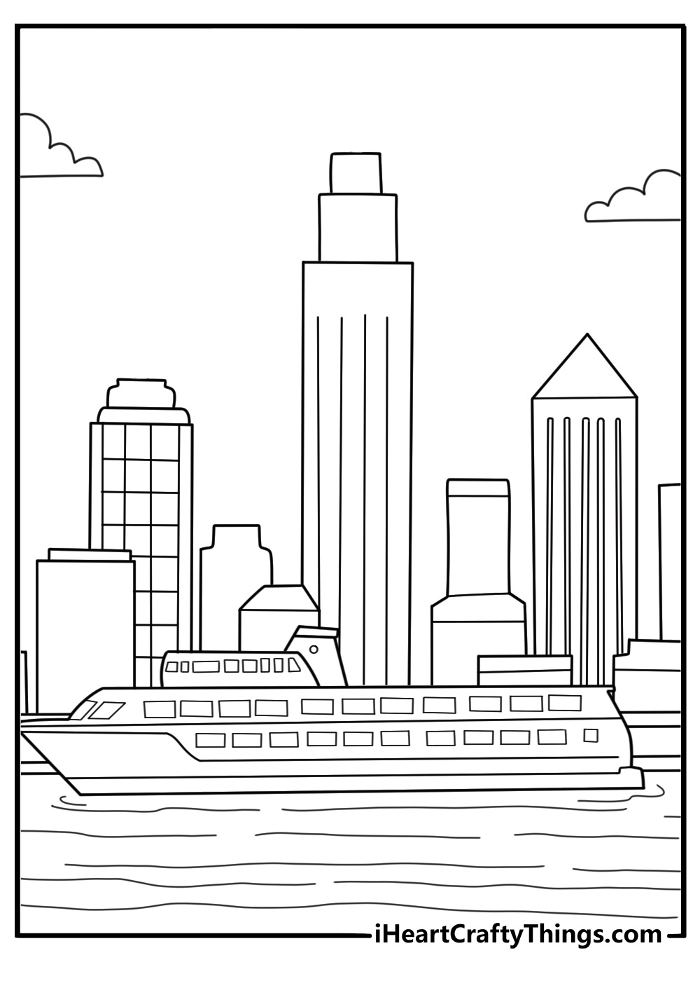 metropolis pdf coloring page waterfront harbor with docked ferry and city skyline